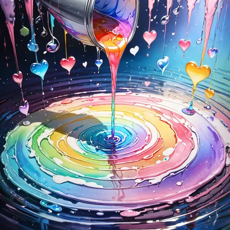 watercolor painting (pouring, dripping, puddling techniques), blurred painting, water-based paint effects, colorful ripples, music notes, hearts, stars, soft fantasy art, delicate and dynamic textures, contrasts of light and shadow, 2.5D, artistic photogra...