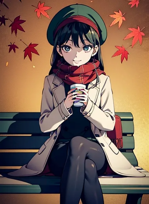 an anime figure sitting on a bench in autumn time setting, holding a coffee cup, autumn leaves, bench, autumn, outdoors, bag, pantyhose, scarf, hat, 1girl, cup, plaid scarf, sitting, smile, blue eyes, red scarf, thighband pantyhose, tree, holding, holding ...