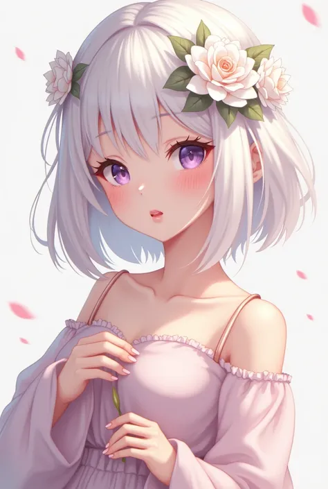  A female anime character , white hair,  wears a white flower over her head ,  shame-faced blush with purple eyes, wearing white warm sleeves , wears pink shirt 