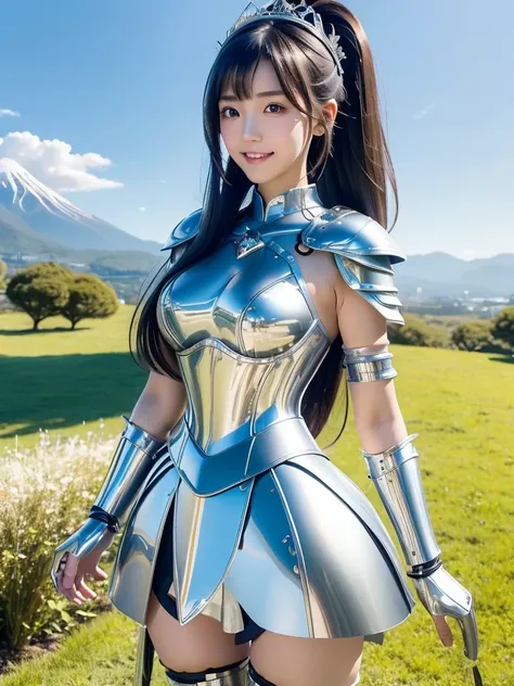 one Japanese girl, female knight, cute face, thin and tall, smile, black long hair, ponytail with ribbon bow, princess crown, earrings, silver shoulder armor, silver chest plate, silver arm and wrist armor, hand gloves, short skirt armor, white long boots,...