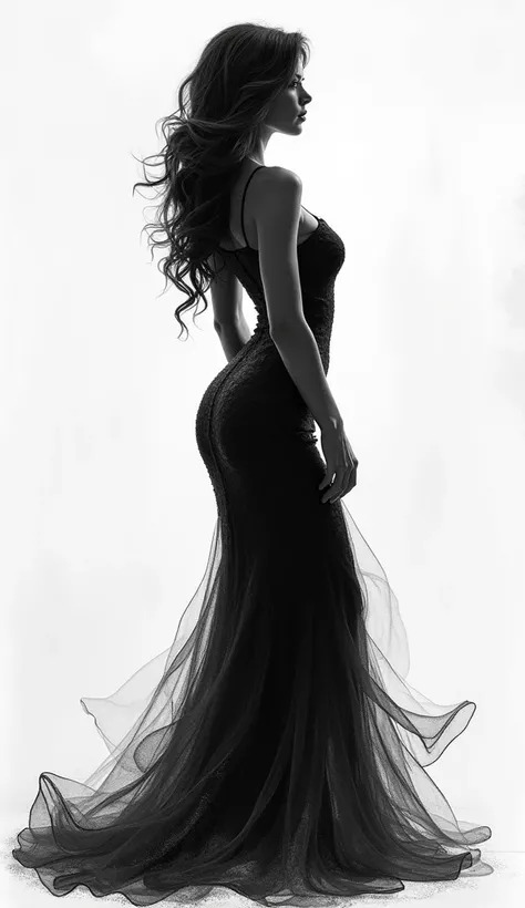  a black and white drawing of a woman in a dress,  perfect faith body silhouette ,  beautiful female body silhouette ,   3D neon art of a womans body , sultry digital painting, curvilinear. detailed expression, shadow faith image , figure of a girl , Beaut...