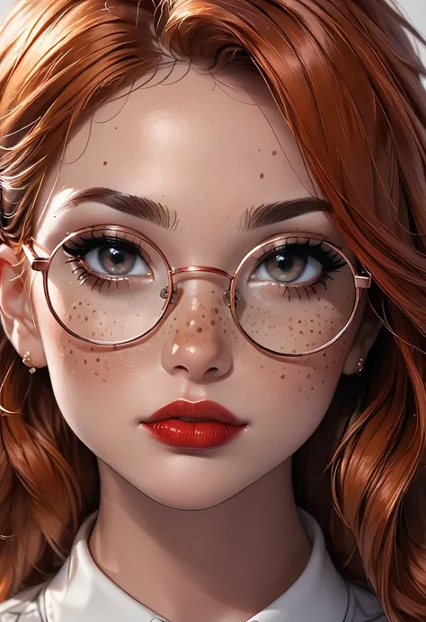 malsterpiece, best quality, 1female, beautiful, face portrait, deep makeup, lipstick, face focus, 1girl, copper hair, black eyes, timid, round glasses, freckles