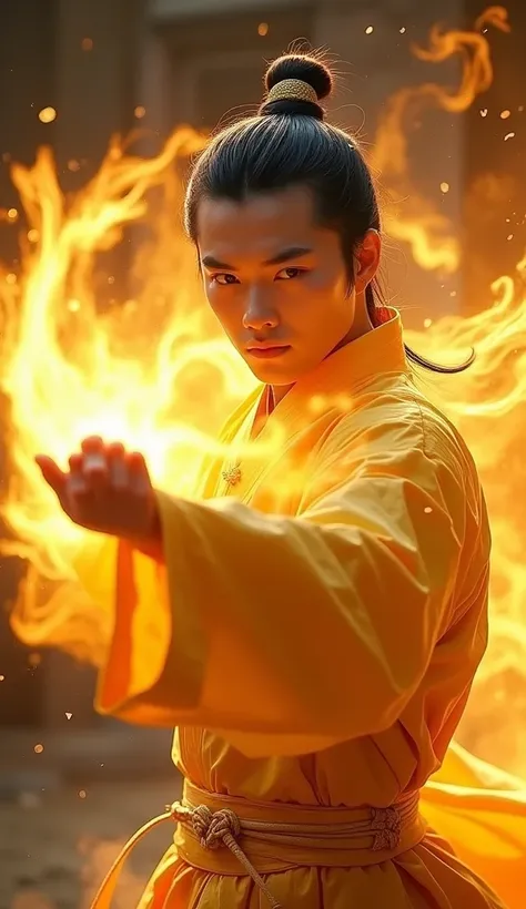 (cinematic), (artwork), (masterpiece), (best quality), Raw, 8k, masterpiece, extremely sharp focus, intricate details, An imperial young man was performing the 降龙十八掌, his right hand thrust out straight, surrounded by a terrifying, transparent, pale yellow ...