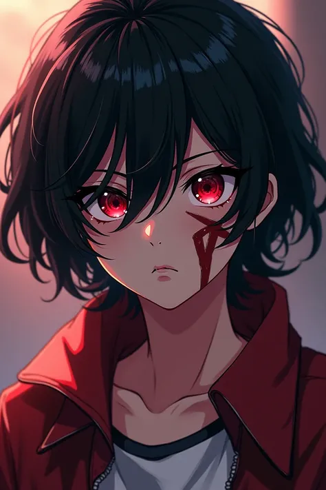 Anime mha ,  loose wavy black hair,  a scar on one eye ,  dark red eyes 