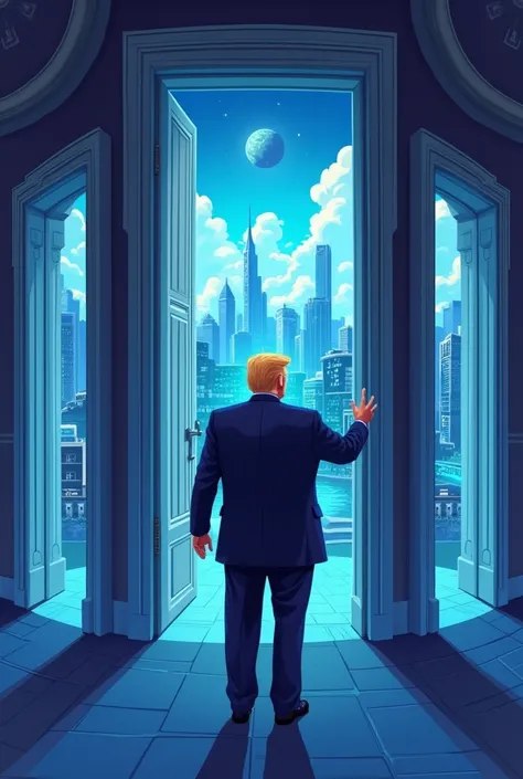 Donald Trump opening five doors, each labeled with a key priority: Regulatory Clarity, Banking Access, Repeal of SAB121, Treasury and IRS Reform, and Advisory Committee. A bright, futuristic crypto city is visible through the open doorways. Style: optimist...