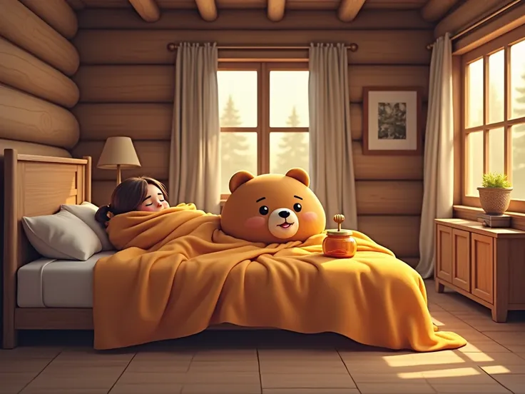  wearing a blanket on a large bed in a log house。 bear with big eyes is a cute brown bear character with a rounded body and 、Soft coat、 Friendly Expressions 、The 。Honey is placed at the bedside 。