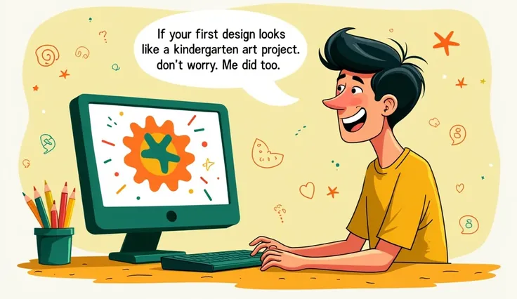 Create a lighthearted, humorous scene where a person is looking at their first design on a computer screen, which looks playful and imperfect (like a simple, colorful logo or basic graphic design). The person is smiling or laughing at the design, showing t...