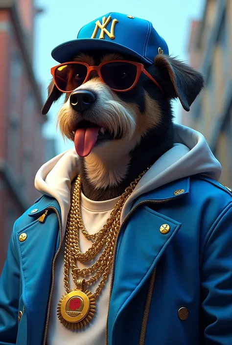 Hip hop dog, big dog, rapper dog, sunglasses, fresh fitted hat, gold chains, trendy clothes, trendy fashion, outfit is blue and white