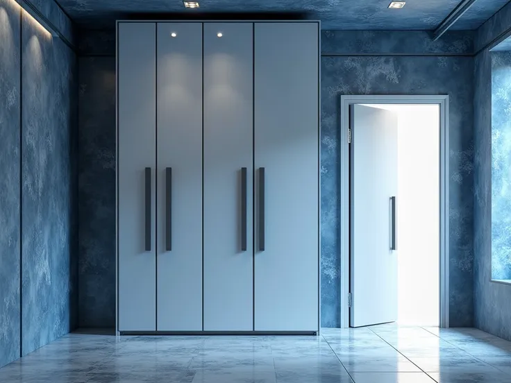 Modern techno style, incoming room interior measuring 3x1.5m with a three-door wardrobe reaching the ceiling, walls with blue and silver wallpaper, and a white entrance door