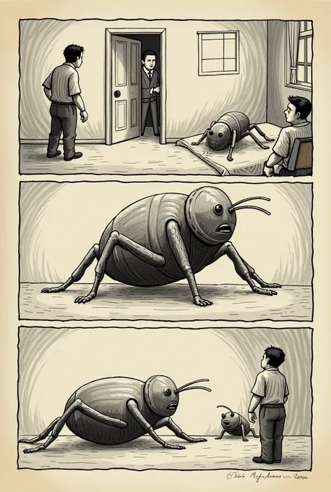 If you can create a cartoon for me with these :
Vignette 1:  The Awakening
Drawing :  A simple room ,  bed in the center . Gregor  Samsa en forma de insecto grande y grotesco,  but not too detailed .
dialogue ( Gregors Thought  ):
" What happened to me ? N...