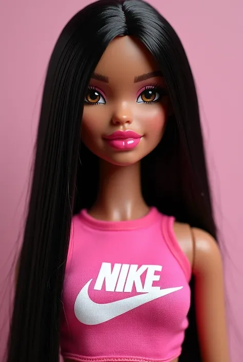 Do a bratz with straight black hair without bangs normal eyes brunette top Nike white pink lips 