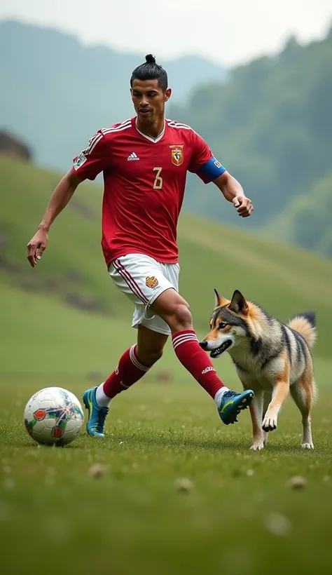 Cristiano Ronaldo playing ball with a mini wolf 