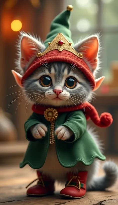 "An anthropomorphic chubby baby kitten with very expressive and large, beautiful eyes, dressed as a charming elf. The kitten has soft fur in a unique color, such as gray or light brown, and wears a detailed elf costume with a green tunic, a red hat with a ...