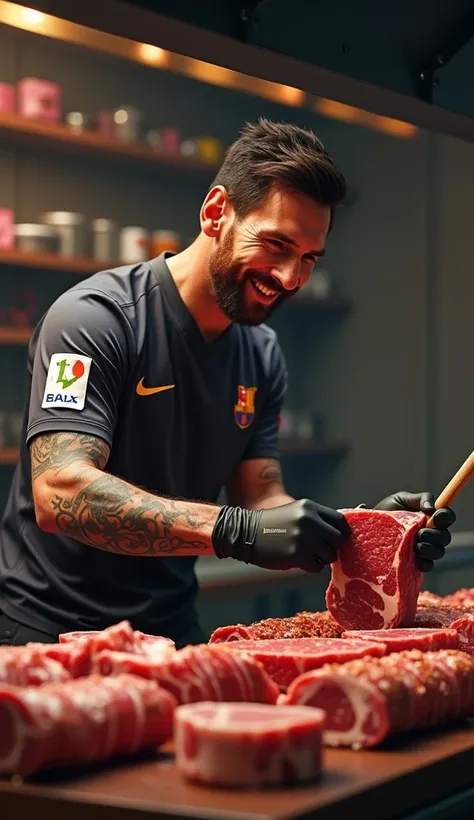 "Messi has a tattoo on his right arm and a black glove on his hands and taking a piece and placing it on the wooden stick, with a happy and focused expression.  There is a bench full of seasoned pieces of meat and organized kitchen utensils."