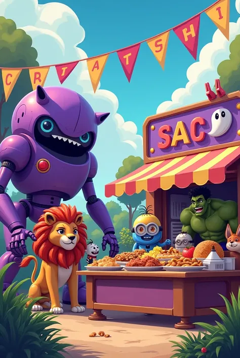 big outdoor festival tittle write "school canteen" colour purple and yellow has a big banner write "SAC" with ghost emoji beside the banner. the canteen has big purple robot, big lion, small blue robot , cute minion, incredible hulk and animal fox as their...