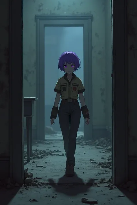 to use, girl, worker drone,  short hair, purple hair, Lilac eyes,  abandoned house, dark interior, worried expression, robot