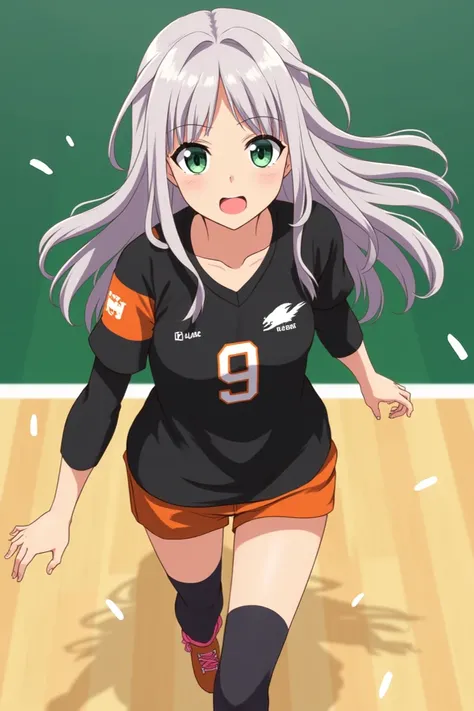 Haikyuu anime screenshot!!, long wavy ash-haired girl , almond-shaped green eyes,  Medium build ,  dressed in a Japanese Karasuno uniform