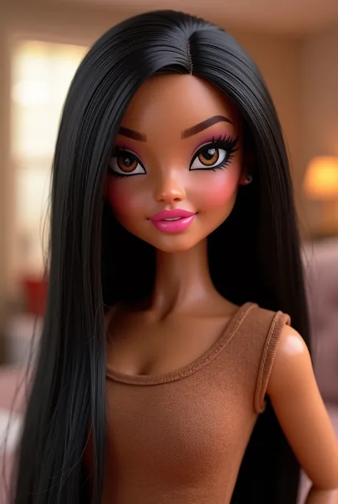 Make a bratz with straight black hair without bangs normal eyes brunette top Nike black pink lips background you choose pretty 