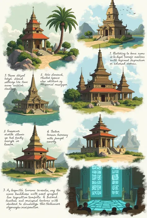 Initial Sketches: Create quick sketches of the environment with annotations explaining how traditional elements (e.g., temples, stupas) are modernized with futuristic technology.
Landscape Design: Illustrate a futuristic empire, showcasing iconic Sri Lanka...