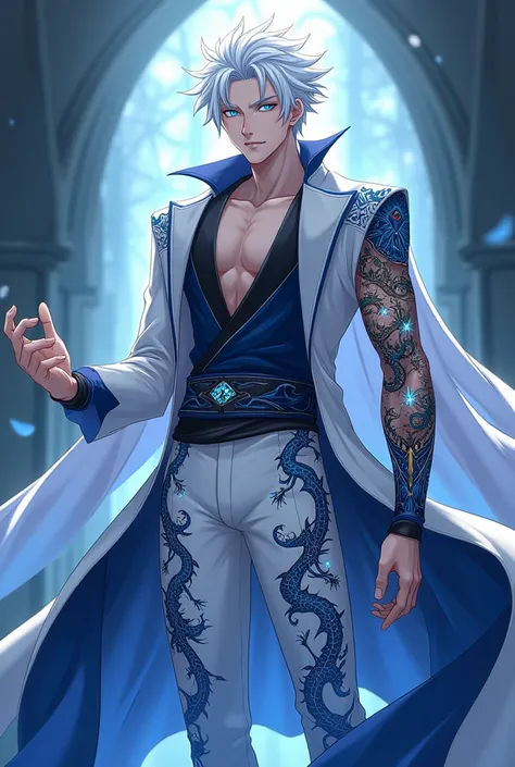 Laki-laki,  white hair .  light blue eyes . Smooth white skin . clothes of white color , navy blue ,  and black color in the shape of a dragon . smooth white pants , light blue and black in the shape of a dragon . left hand has a tattoo of an ancient Suko ...