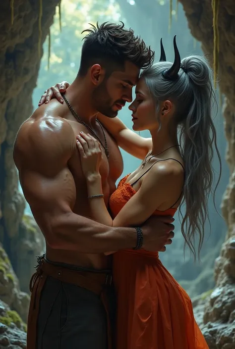 A handsome human guy with six packs and shirtless kissing on the shoulder of a beautiful and charming alien girl with horns on her head and gray hairs wearing a bright sexy dress sitting in a cave 