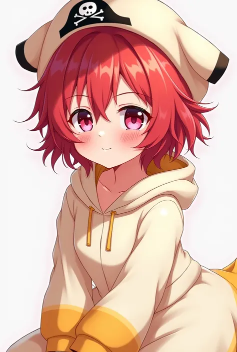  A female anime character ,  red hair diiket , wearing a pirate hat on top of the head,  shame-faced blush with pink eyes, wearing white warm sleeves , wearing a duck suit 