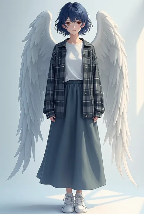  A feminine looking angel ,  who looks 20 years old .
 Midnight blue hair appearance , short and curled ,  dark and shiny brown eyes .
 wears t-shirts with plaid shirts above,  long skirt and sneakers  