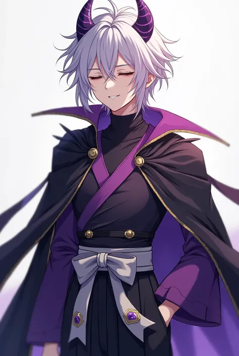  Young man with delicate features ,  his eyes are closed in a friendly exhibition ,  with a smile that shows his small fangs . His hair is white with a few dark purple tufts,  some of his locks fall to the sides of his face ,  that the rest of the hair has...