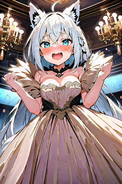 NSFW,masterpiece, best quality, high definition , Very detailed, Shirakami Fubuki( hololive ),Fox Ears,High quality evening dress,Chest cut-in,Luxurious mansion,bar, chandeliers ,blush, laughing