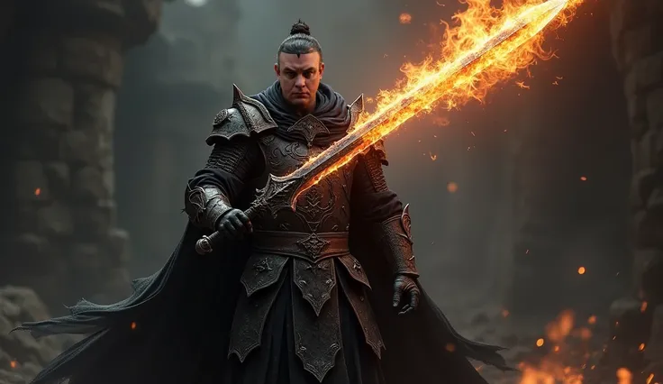  A warrior in black clothes and armor. He holds a burning sword in his hand. The face is well lit.