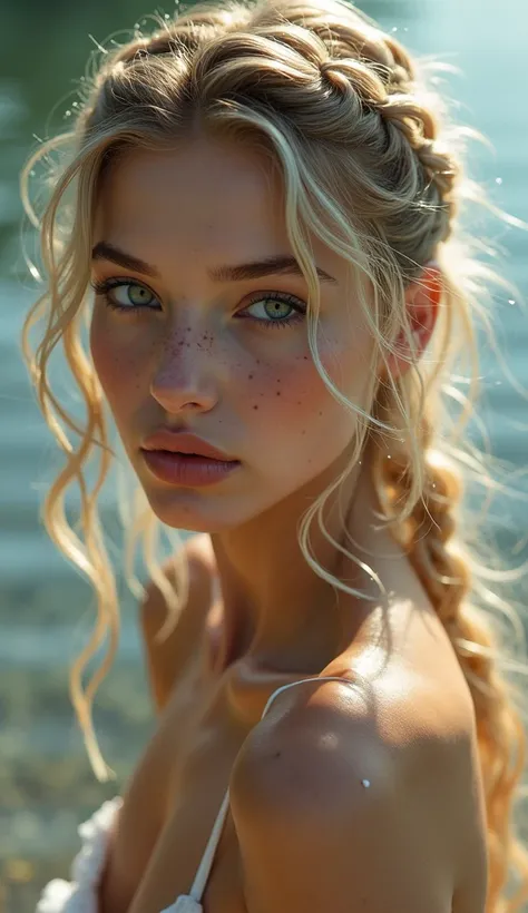 Sexy Teen Girl, braids, girl, beautiful, beautiful face, pale skin, freckles, Blonde hair, water green eyes, naked girl whit cum in face