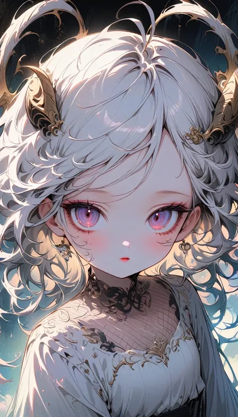 albino devil girl，((above waist)), Photographed from a distance, sleepy、smoky eyes, big eyes, Eyes are delicate and beautiful, Beautiful and delicate face, details on face, White hair rings , antenna , fishnet shirt, (long and complex horns:1.2)