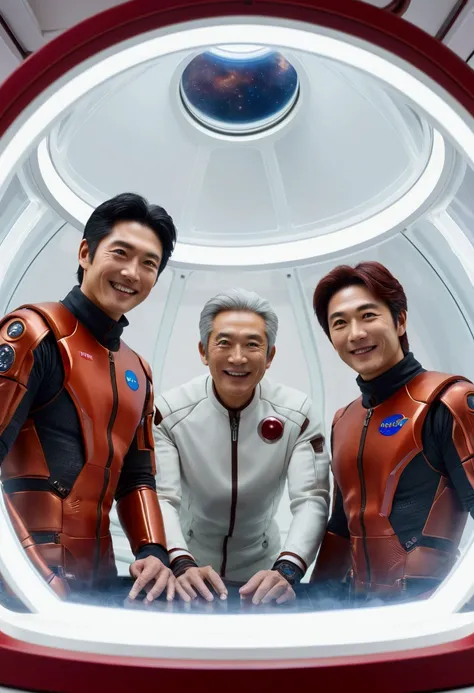 Japanese Genius middle-age male idol Ken Father and two s in transparent training pod, practicing Mars gravity adaptation, red planet visible through dome window, determination on rens faces, fathers encouraging smile, bio-feedback suits glowing with vital...