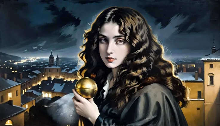 a very pale european woman, she holds a golden bell in her hand , long dark hair, big snowy city at night in background, detail richness, masterpiece, best quality, caravaggio painting style, painting style