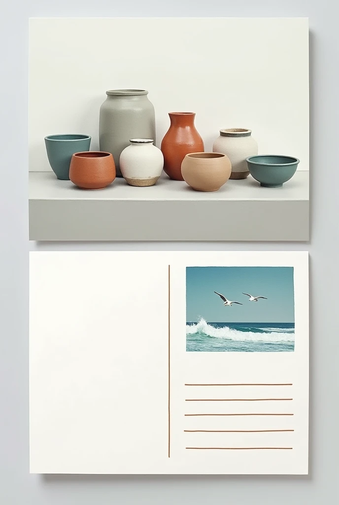 Create a simple image that is easy to draw you can draw a postcard or birthday card on which there must be a photo of ceramics on the outside and inside the card is on one side for writing and on the other side drawing a picture of the ocean 