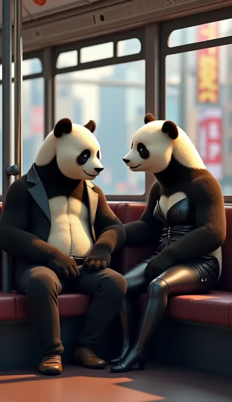 Make a animation panda couple male and female sitting in bus looks like human lean body builder wearing styles cloth 