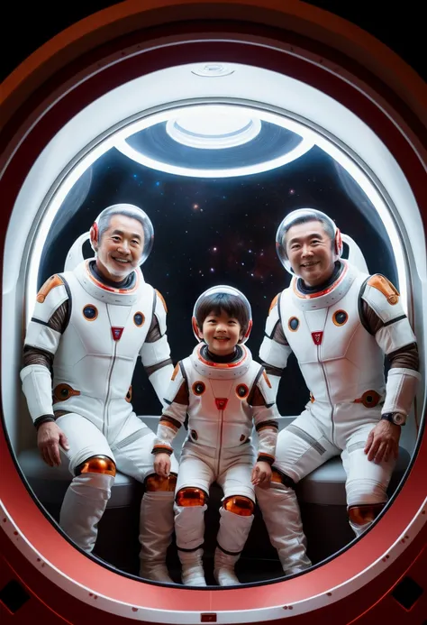 Japanese Genius middle-age male idol Ken Father and two young boys in transparent training pod, practicing Mars gravity adaptation, red planet visible through dome window, determination on rens faces, fathers encouraging smile, bio-feedback suits glowing w...