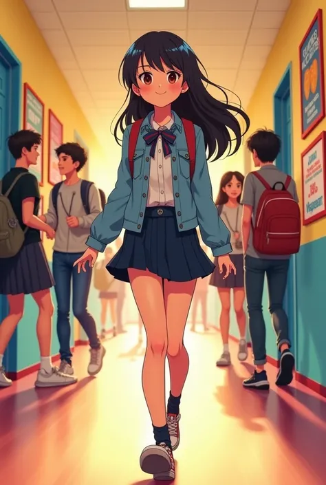 Ae in her high school uniform, walking through the school hallway with friends, looking more confident. Her surroundings are bright, filled with posters of school events and students chatting happily CartoonistV3 