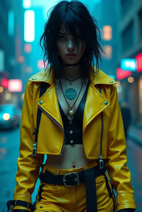 Cyberpunk beautiful woman with black disheveled hair wears metallic yellow color switcher outfit with very intricate design ART CREATIVE logo wears metallic black cargo pants wears shoes with very intricate design building with the effect of led lights on ...