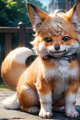 masterpiece， best quality， high definition ，8ｋ， detailed，cute，Chibi character， Baby Fox ，Fluffy coat，Smiling face，(Small ears），