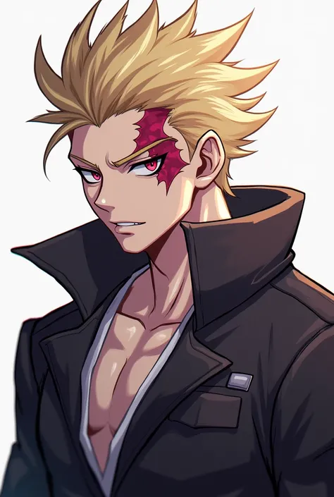 Create a male character with feminine facial features, magenta red eyes , very short blond hair with a sharper hairstyle ,  a scar on the right side of the forehead and a bad boy face ,  an athletic body with defined muscles for a One Piece RPG ,  full bod...