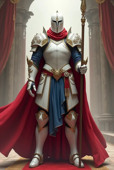   Royal Guard in white armor red robe holding pole spear , right hand wearing blue scarf 