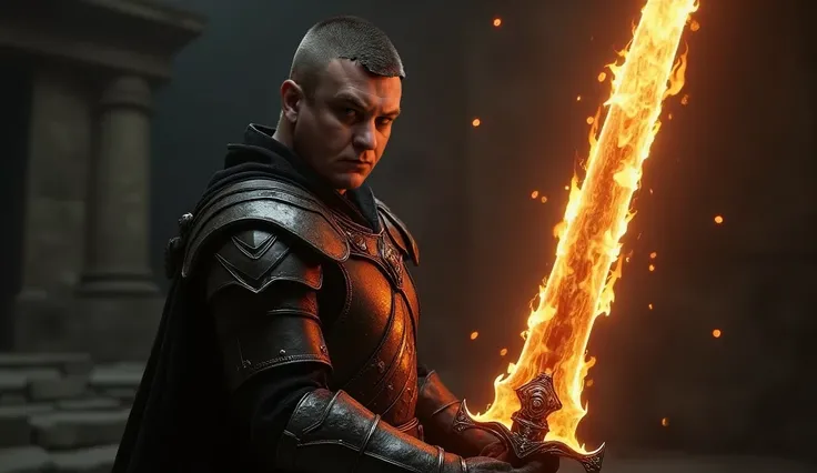  A warrior with very short hair, in black clothes and armor . He holds a burning sword in his hand. The face is well lit.