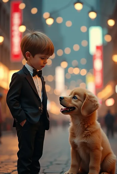  blur the background :1.5、Boy standing straight in a tuxedo :1.5、Fluffys adorable puppy, .  fluffy creatures ,  with big eyes and slightly open mouth ,   the overall mood of the cinematic image is 、 a mix of wonder and excitement , The city of light is 、 a...