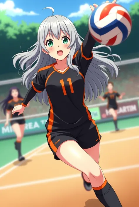 Haikyuu anime screenshot!!, long wavy ash-haired girl , almond-shaped green eyes,  Medium build ,  fair skin and with a little makeup,  dressed in a black volleyball uniform with orange details number 11, playing happily on a volleyball court 