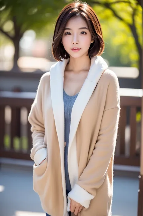 (8k, RAW photo, photorealistic, HQ, masterpiece), a cute Japanese woman, (glowing eyes), 
(), brown hair, short hair, (Stylish early winter clothes),  beautiful breasts, 
blurred background, depth of field, natural lighting, backlighting, face lightning, 