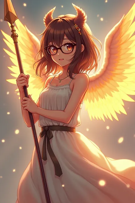 Brunette anime girl wearing glasses with archangel wings holding a spear of light 