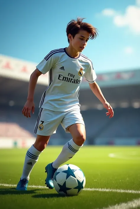 Create a 15-year-old teenager wearing the Real Madrid jersey playing soccer with the number 7 number and the name LINDARTE that the teenager is on his back