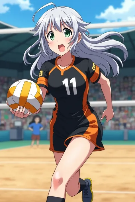 Haikyuu anime screenshot!!, long wavy ash-haired girl , almond-shaped green eyes,  Medium build ,  fair skin and with a little makeup,  dressed in a black volleyball uniform with orange details number 11, playing happily on a volleyball court 