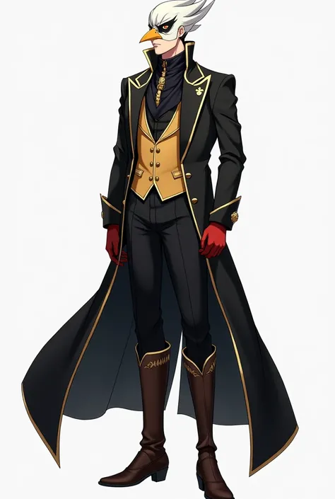 Anime teenager, no older than 17, his outfit consists of a black ankle-length tailcoat, a high-necked waistcoat with gold accents, cinched black pants, brown-black winklepickers boots with taller heels and a pair of red gloves. Over his eyes is a white, bi...